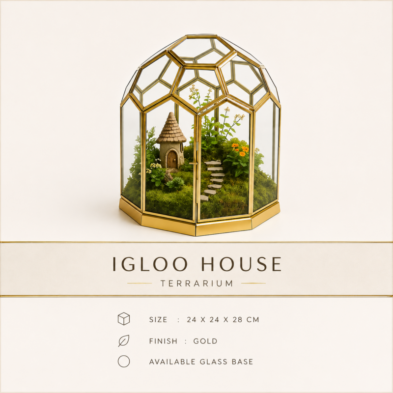 Igloo House Geometric Glass Terrarium with Gold Finish | Luxury Tabletop Planter & Home Décor