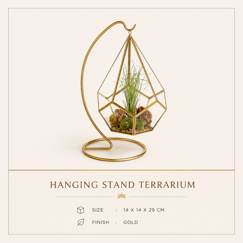 Hanging Stand Geometric Glass Terrarium with Gold Finish | Luxury Tabletop Planter & Home Décor
