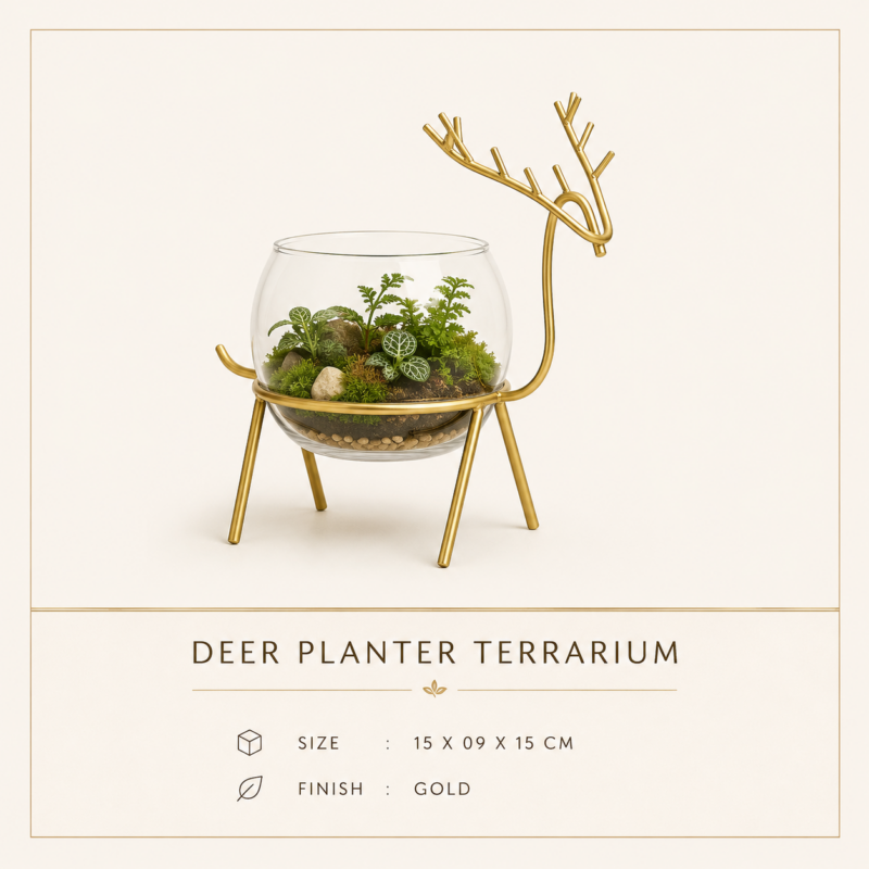 Deer Planter Terrarium with Gold Metal Stand | Modern Glass Tabletop Planter for Home & Office Décor