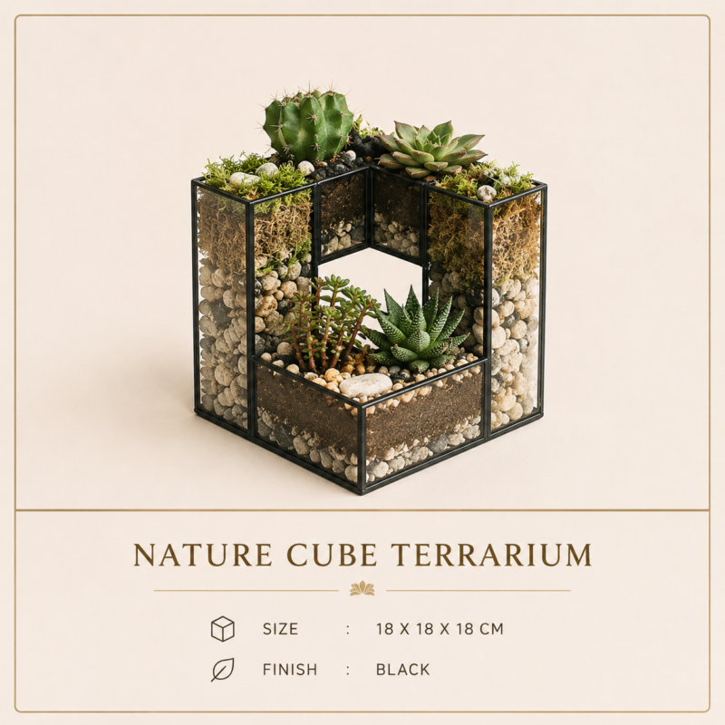 Nature Cube Geometric Glass Terrarium with Black Finish | Modern Tabletop Succulent Planter & Home Décor