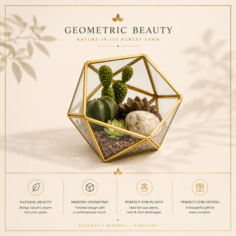 Half Octa Ball Geometric Glass Terrarium with Gold Finish | Luxury Tabletop Succulent Planter & Modern Home Décor