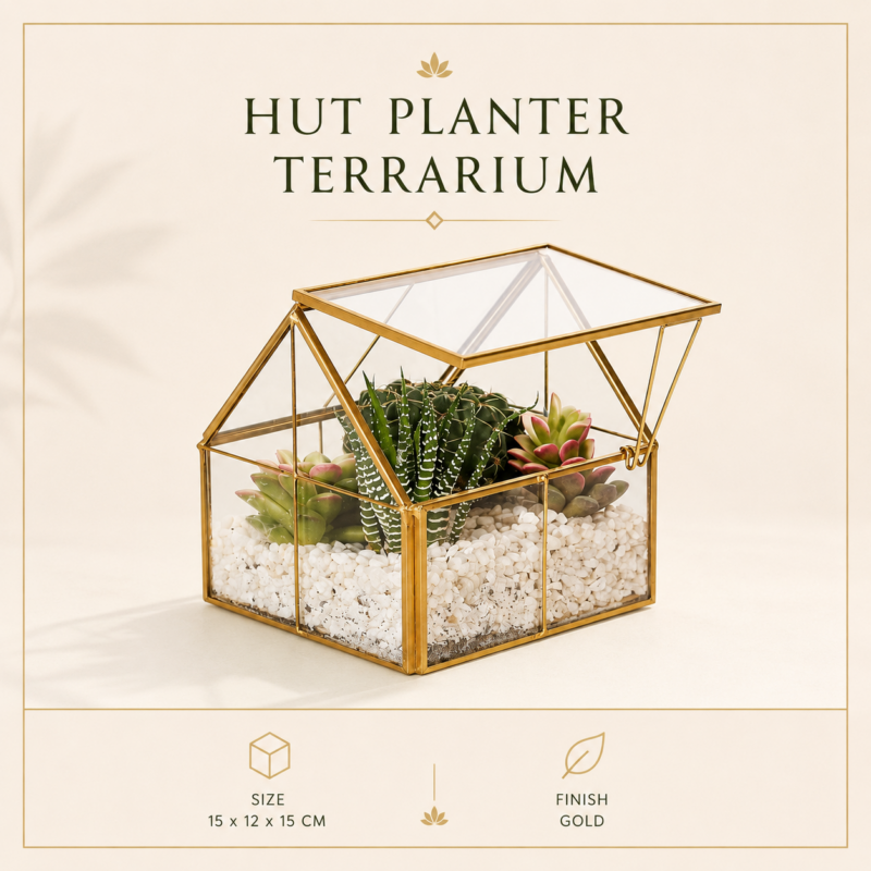Hut Planter Glass Terrarium with Gold Finish | Luxury Geometric Tabletop Succulent Planter & Modern Home Décor